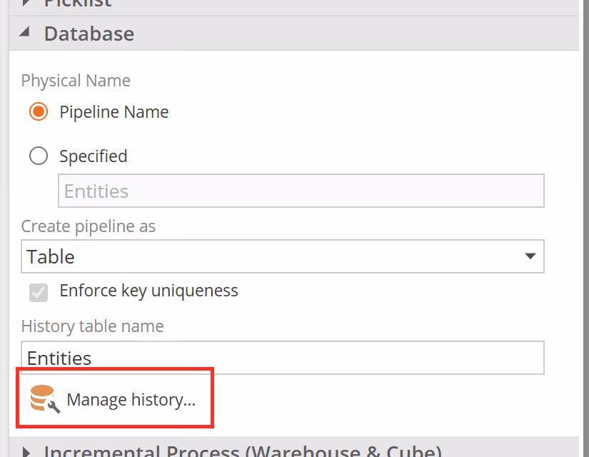 The Manage history button in the Database section of the Pipeline panel
