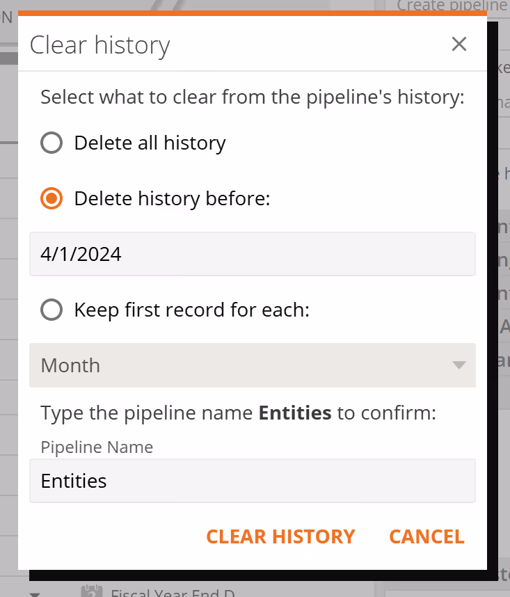 The Manage History confirmation dialog
