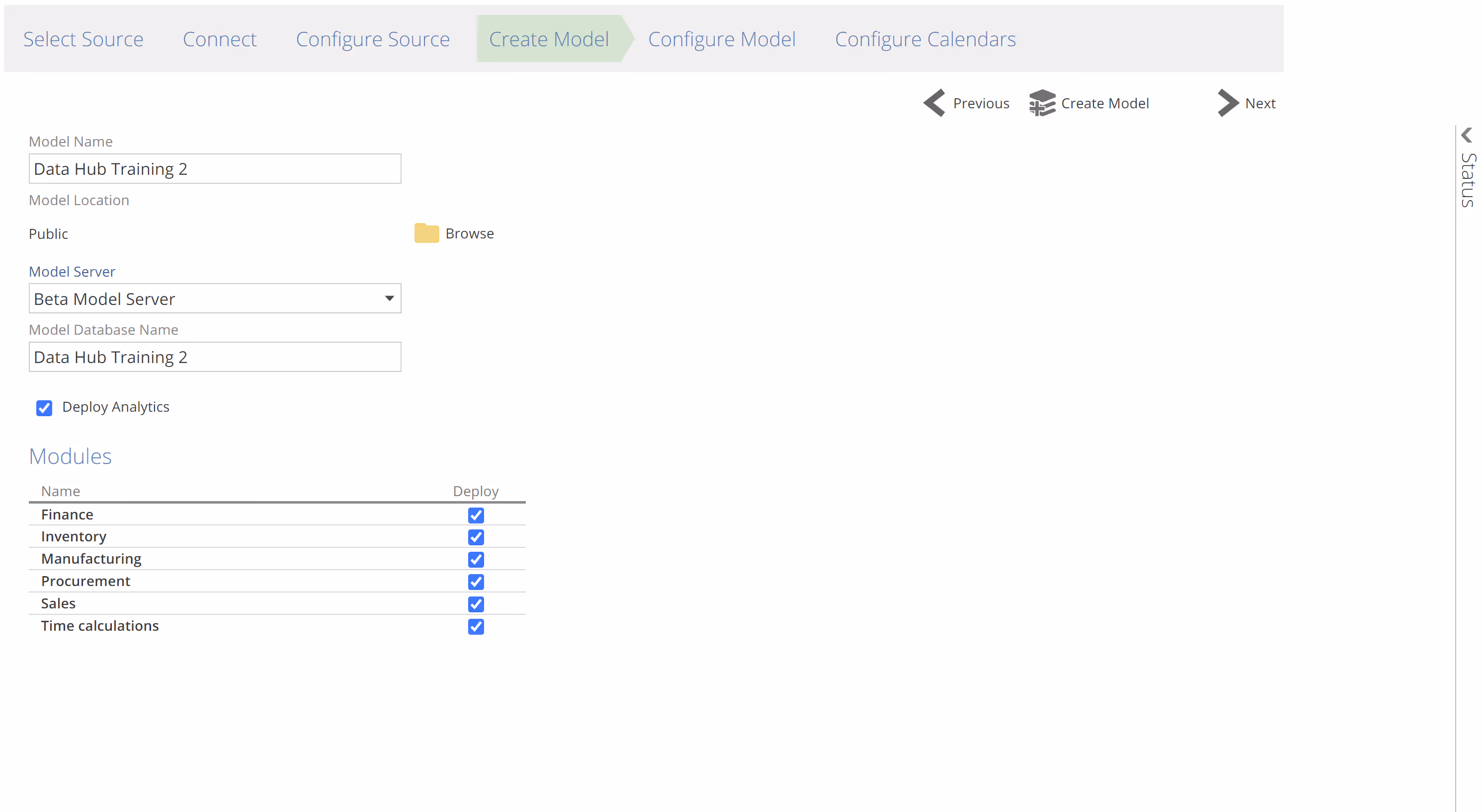 Create the model by determining the Model Name, Model Location, Model Server, Model Database Name. For Data Hub Training, you can also select if you want to Deploy Analytics and Modules.