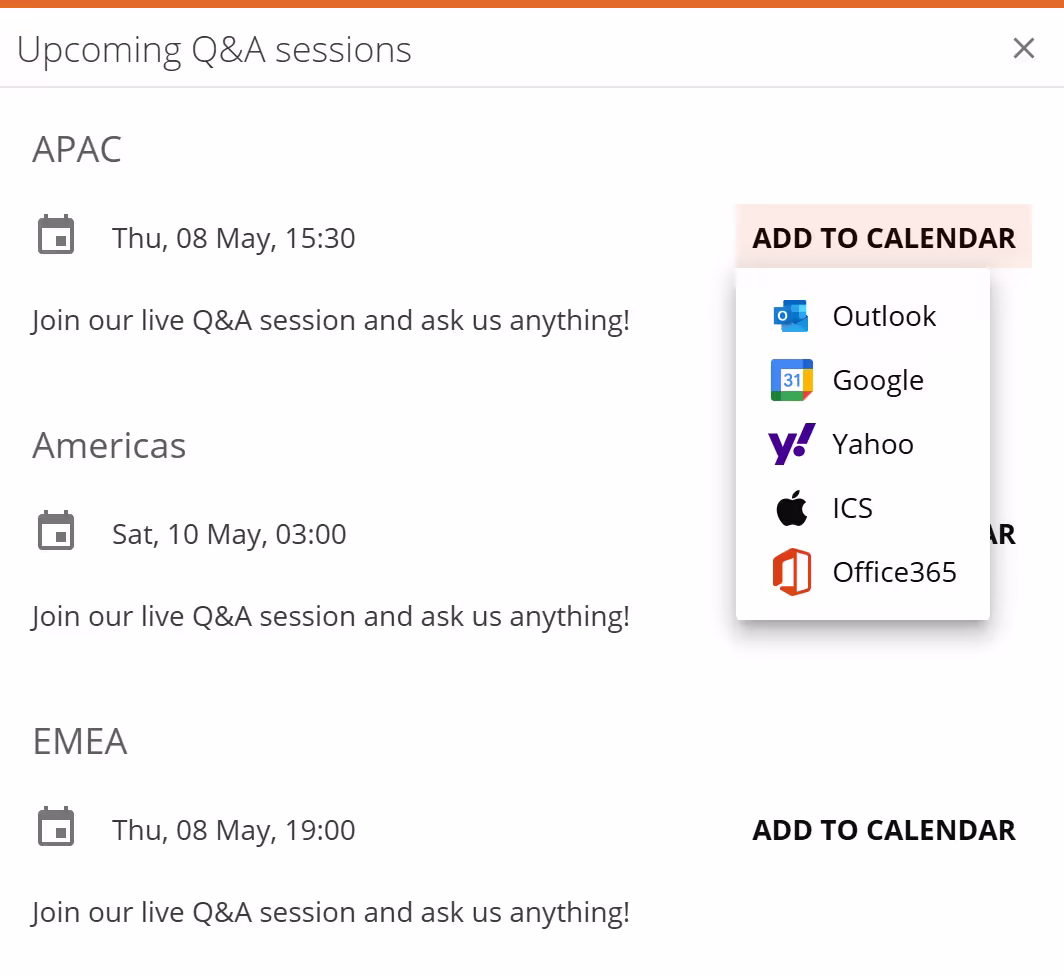 Upcoming Q&A sessions dialog
