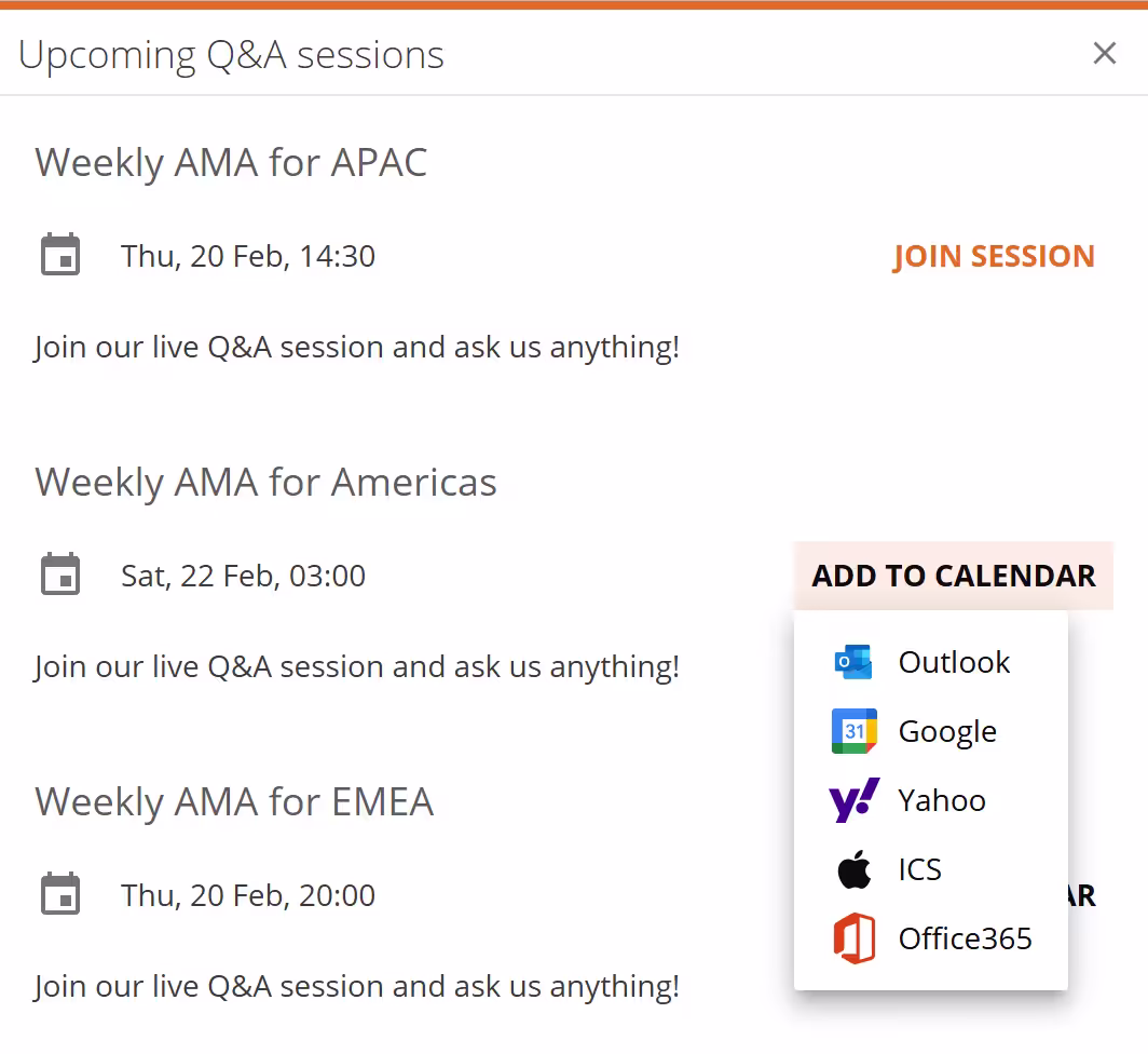 Upcoming Q&A sessions dialog