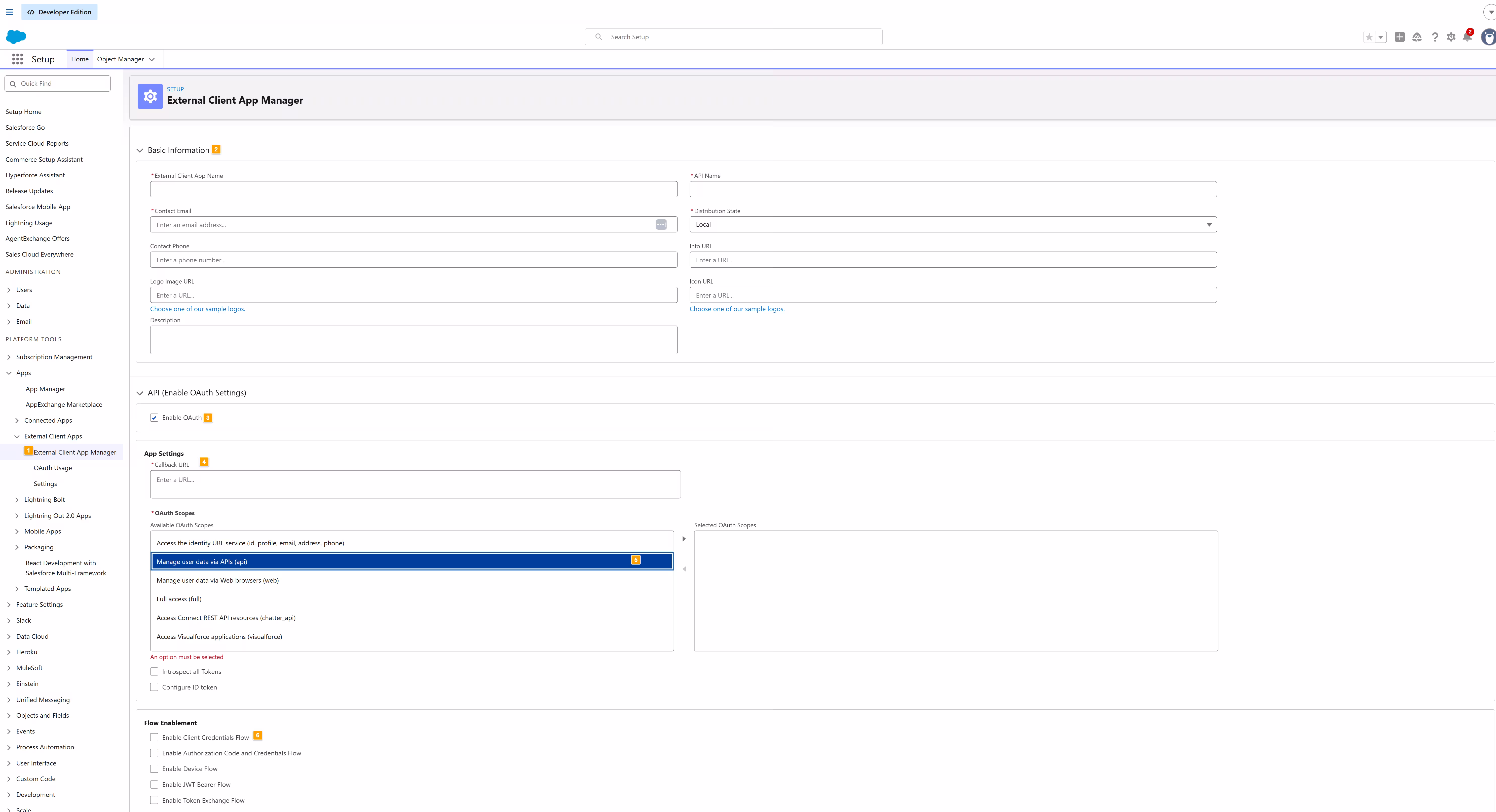 OAuth settings for a Salesforce external client app, with OAuth enabled, the callback URL set, the api scope added, and the client credentials flow enabled.